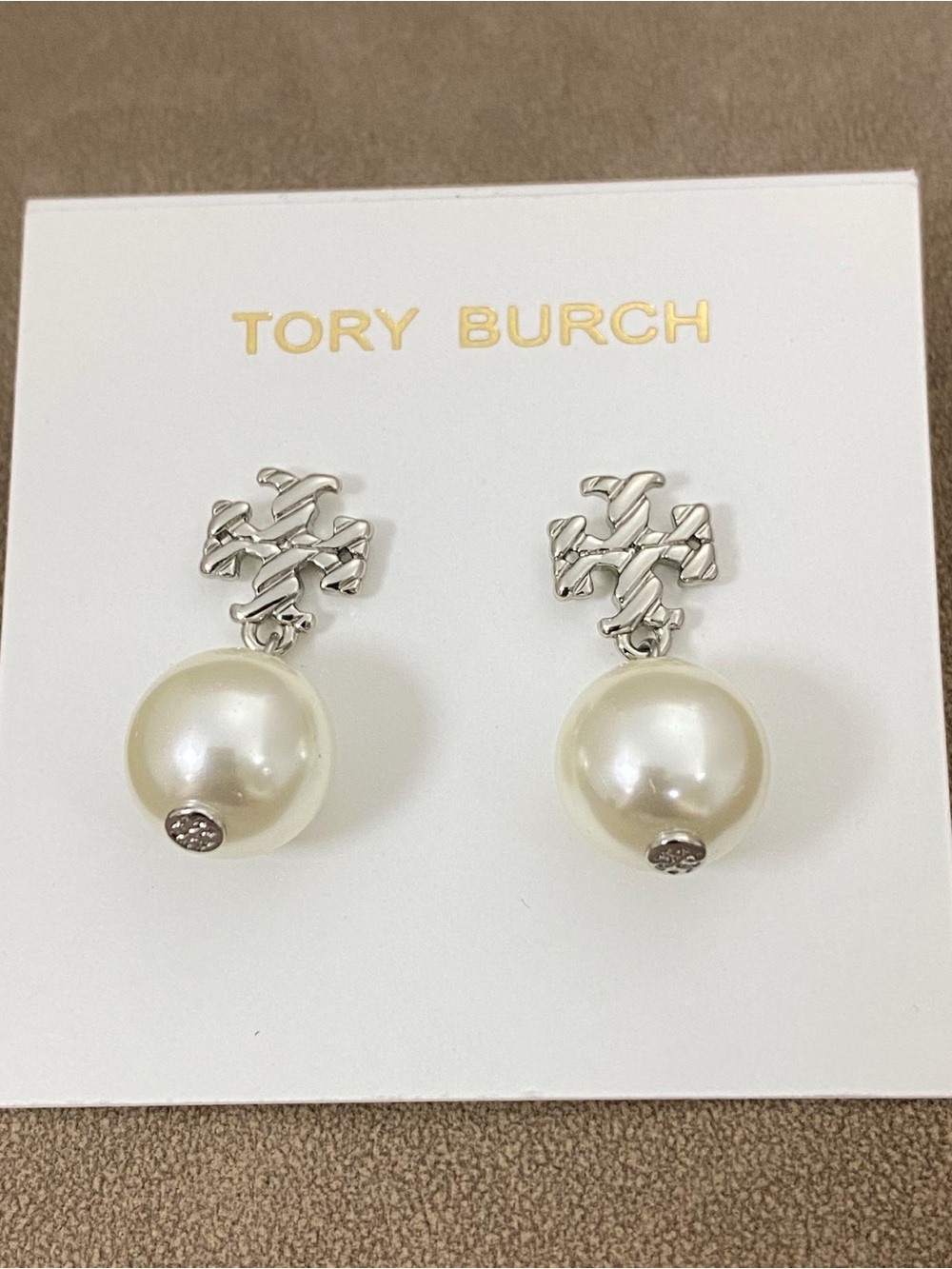 Tory Burch Silver Logo Pearl Drop Earrings - Cream